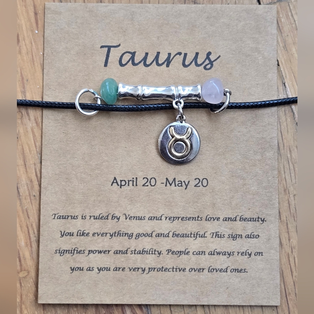 Taurus Zodiac Vibe Bar Necklace Green Aventurine &Rose Quartz, Astrology Jewelry